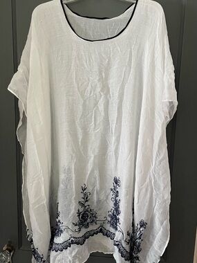 White Swim Coverup with Navy Floral Embroidery